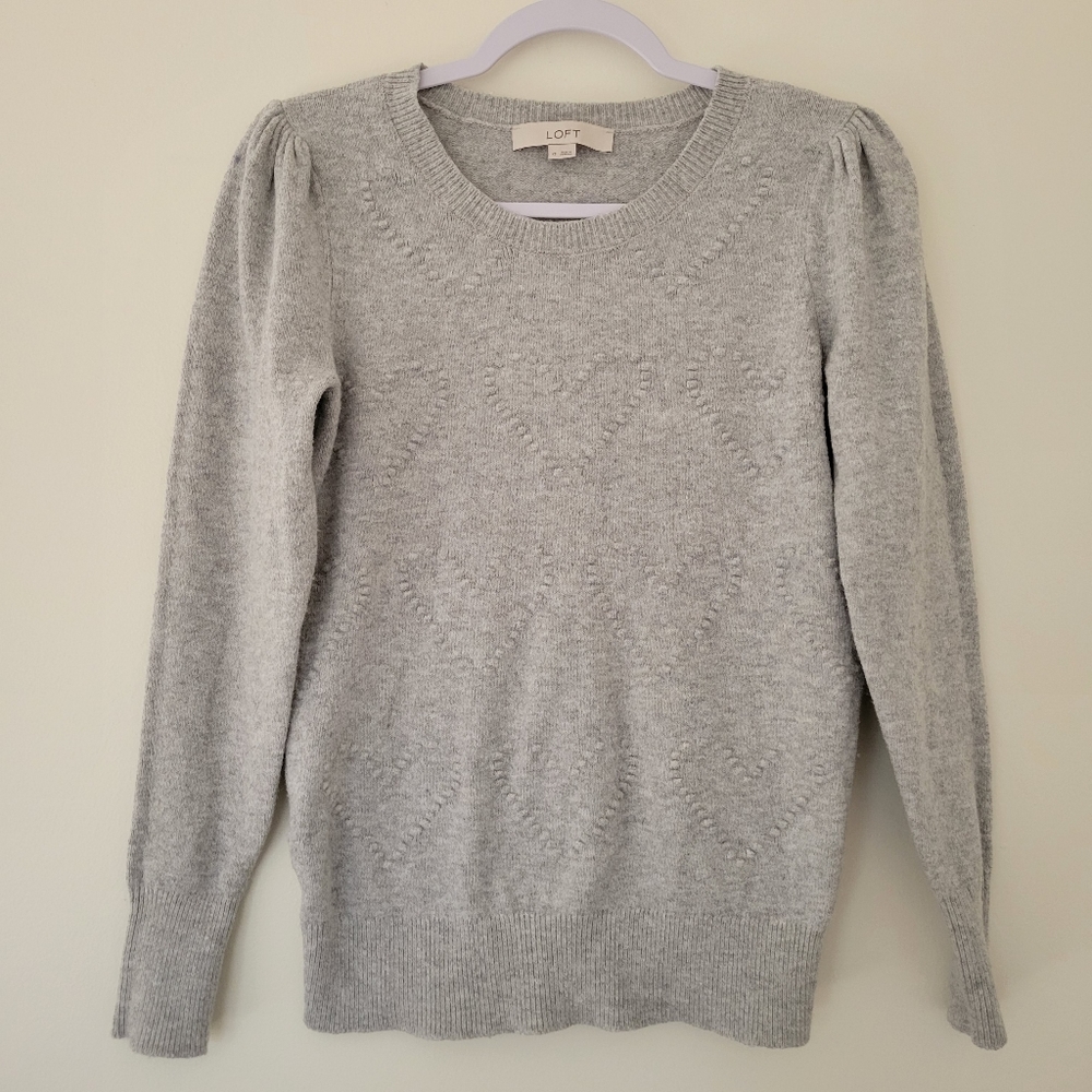 LOFT Wool Blend Feminine Heart PomPom Puff Shoulder‎ Grey Sweater Knit XS